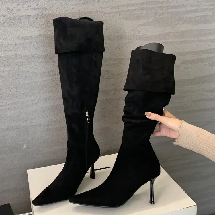 一靴多穿~秋冬百搭小方头高跟过膝长靴气质显瘦细跟绒面高筒靴子