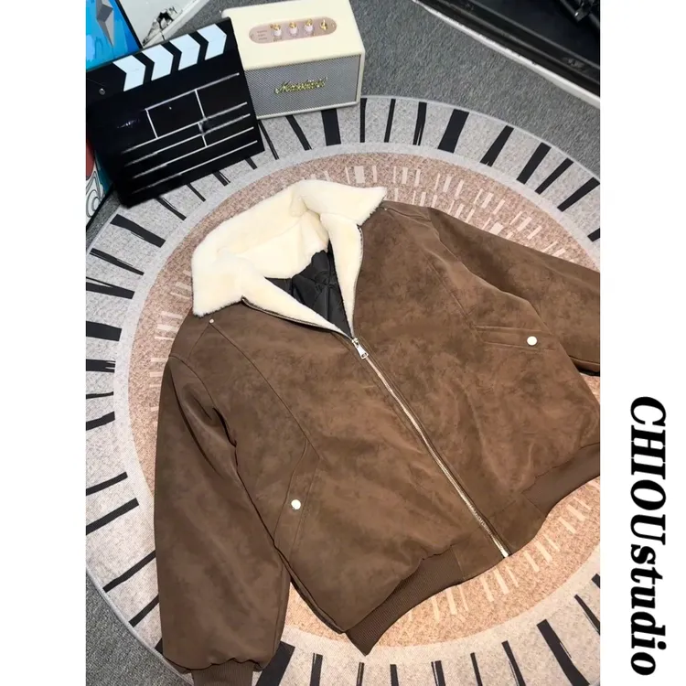 潮牌冬季美拉德毛领雾面PU皮棉服加绒加厚保暖百搭情侣羊羔绒棉衣