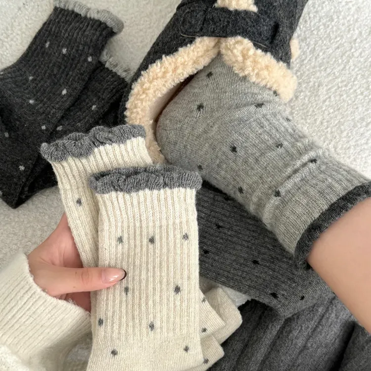 波点袜子女袜2025女秋冬季灰色中筒袜加厚保暖棉袜复古花边中筒袜