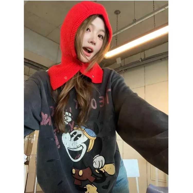 秋冬新款可爱趣味印花宽松圆领套头卫衣女落肩水洗做旧长袖上衣