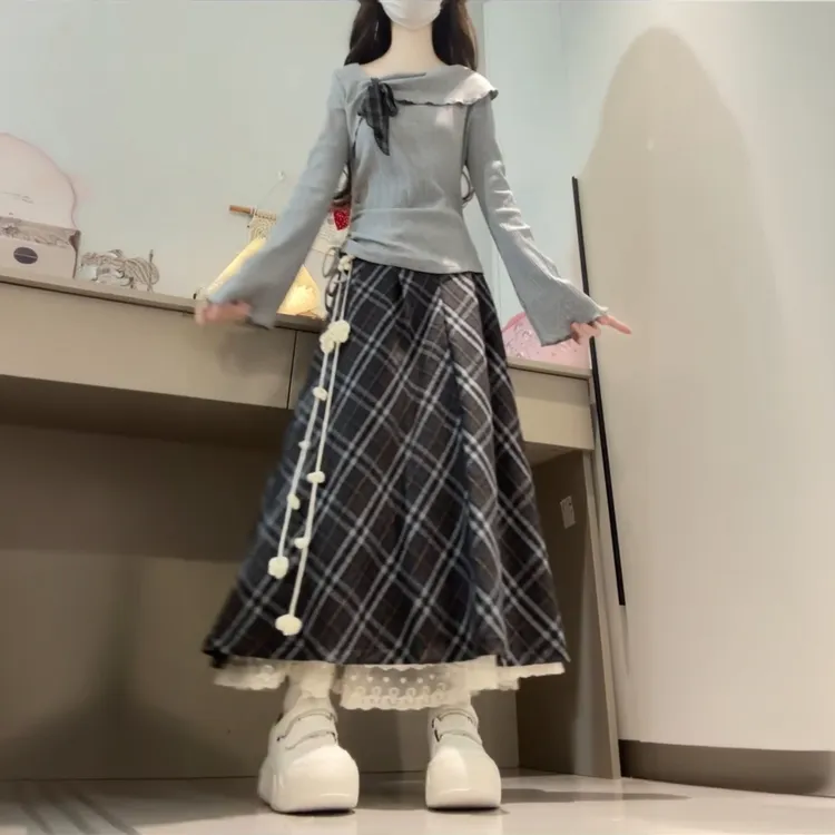 2026春季新款韩系不规则斜领针织衫搭配格纹半身裙时尚显瘦两件套