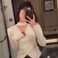 美9761#法式蕾丝花边v领针织衫女新款修身显瘦交叉打底挂脖毛衣