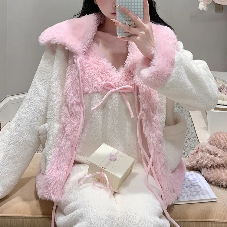 METINBARLEN密汀巴灵秋冬季珊瑚绒加绒纯欲吊带胸垫三件套家居服