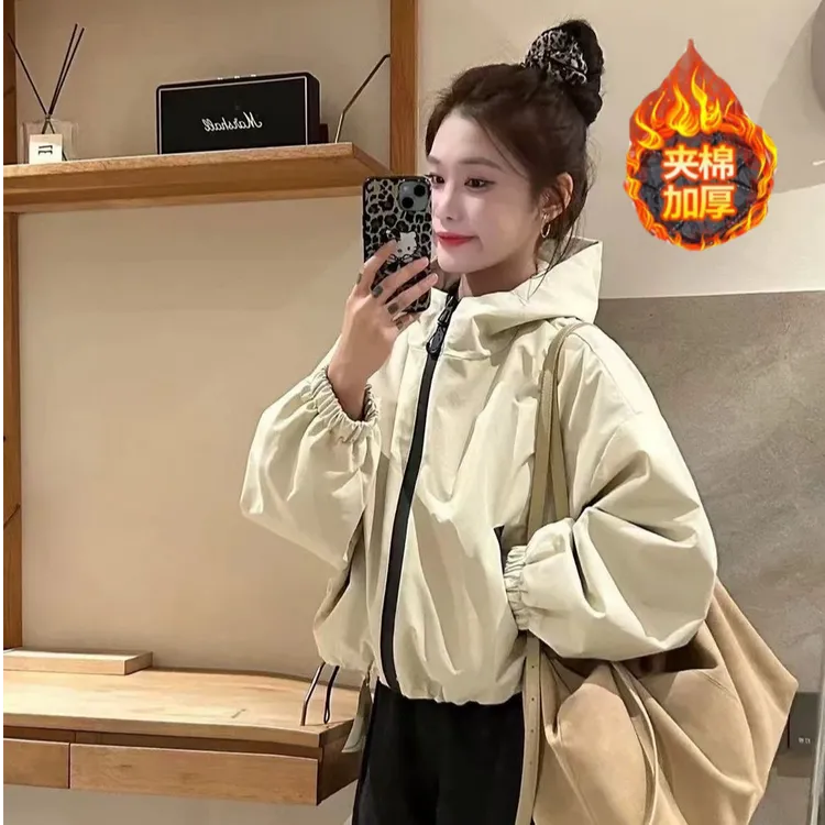 夹棉加厚纯色韩版连帽宽松休闲短外套百搭显瘦慵懒小个子冲锋衣女