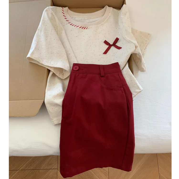韩系复古蝴蝶结短袖T恤女夏新款2025新款女宽松慵懒风半身裙套装
