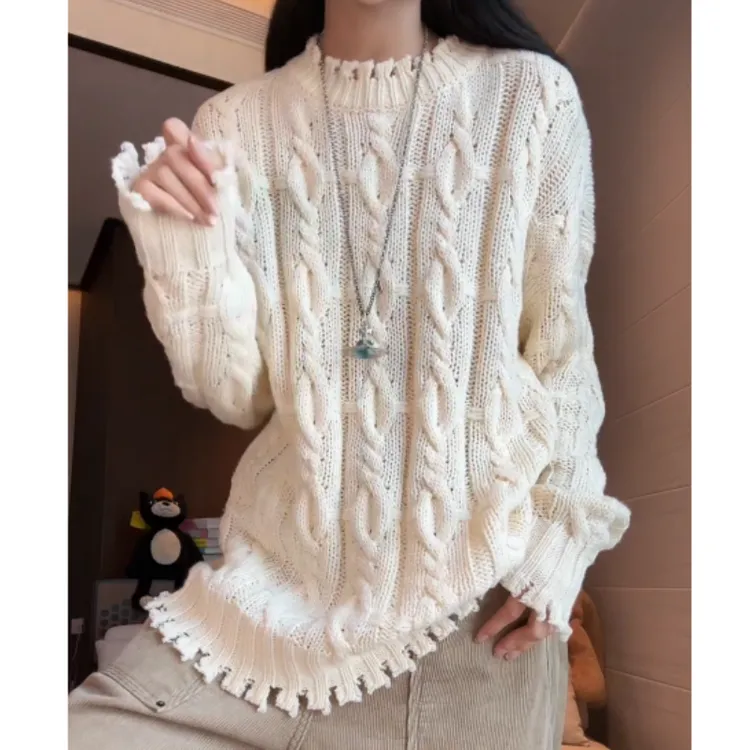 绞花不规则破坏坑条宽松圆领毛衣松弛保暖针织衫LK2509116