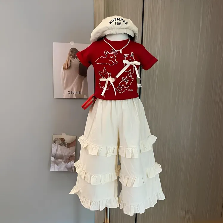 女童2025夏季新款中小童韩版蝴蝶结T恤花边阔腿裤儿童两件套