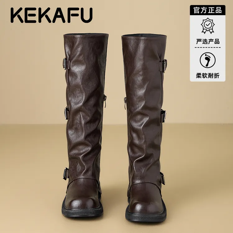 珂卡芙褶皱堆堆裤管靴女2025冬新款爆款皮带扣西部靴小个子长筒靴