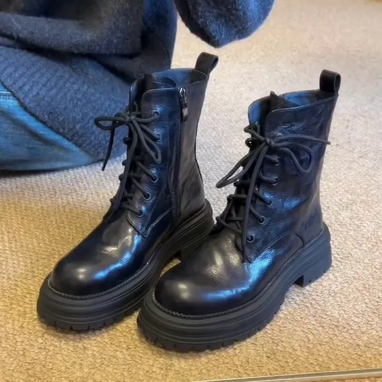 牛皮版~软皮厚底英伦风系带马丁靴女2025新款秋冬加绒机车短靴子