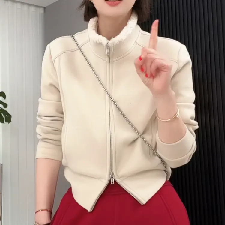 新款洋气百搭保暖上衣短款双拉链立领衣领卫衣LK2508429