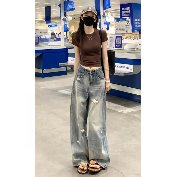 美式破洞阔腿牛仔裤女2025夏季新款显瘦宽松高腰直筒百搭拖地裤子