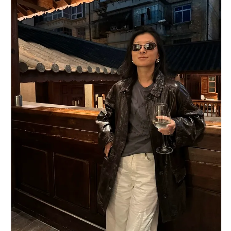 “复古油蜡皮”黑色真皮夹克中长款廓形羊皮皮衣女士外套