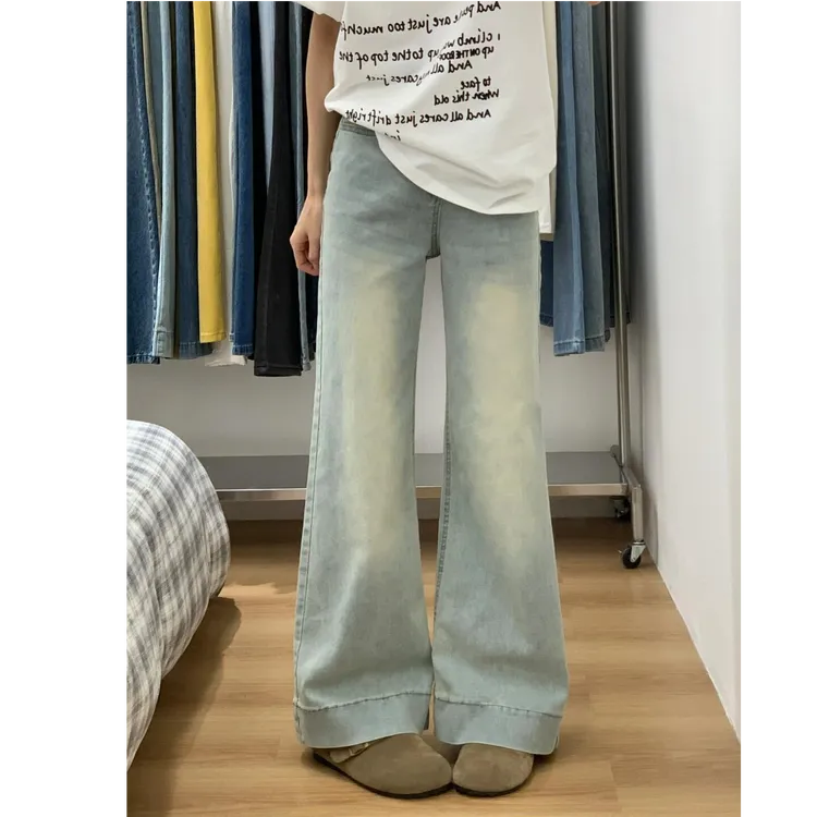小个子美式复古浅色微喇阔腿牛仔裤女夏季新款高腰宽松直筒拖地裤