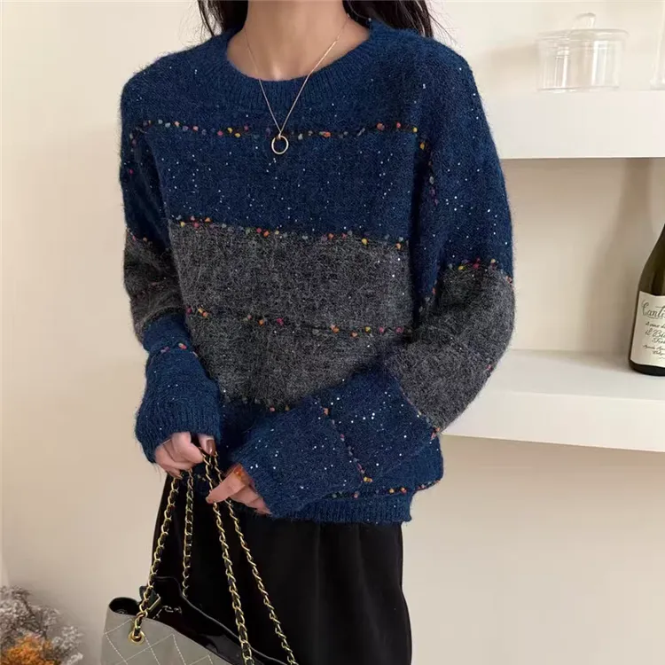 毛衣女休闲风秋冬上衣拼色慵懒风女装针织撞色毛针织衫2025年新款