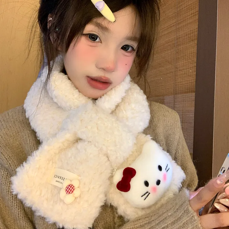 可爱kitty猫咪羊羔毛加厚交叉围脖女冬季甜美保暖防寒护颈小围巾