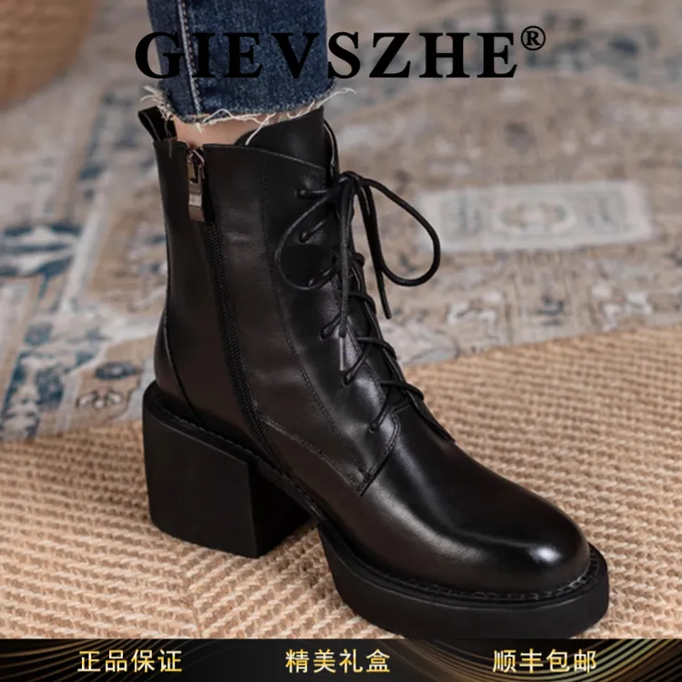 纪诗哲马丁靴女新款英伦风复古圆头短靴高跟鞋百搭粗跟侧拉链系带