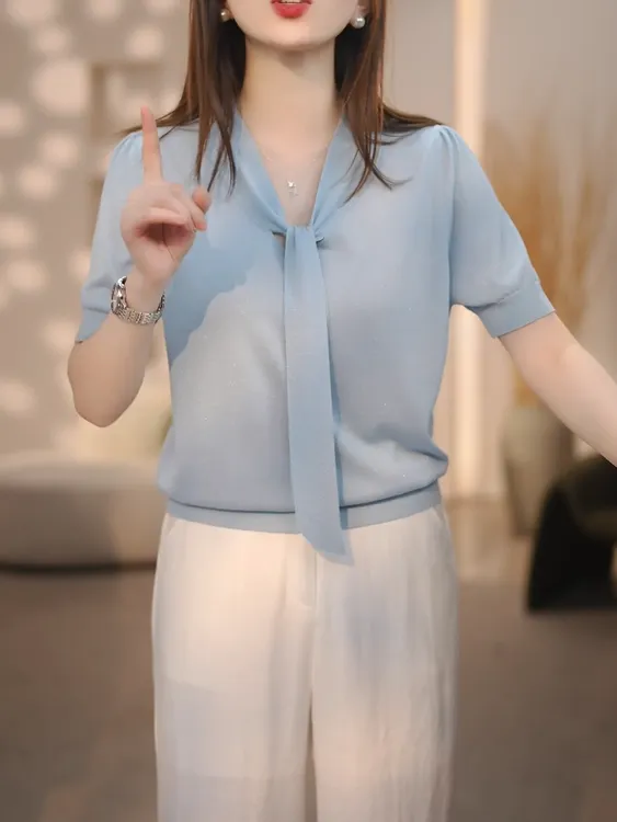 天丝夏季薄款设计感围巾领针织衫女2025新款女装显瘦洋气百搭上衣