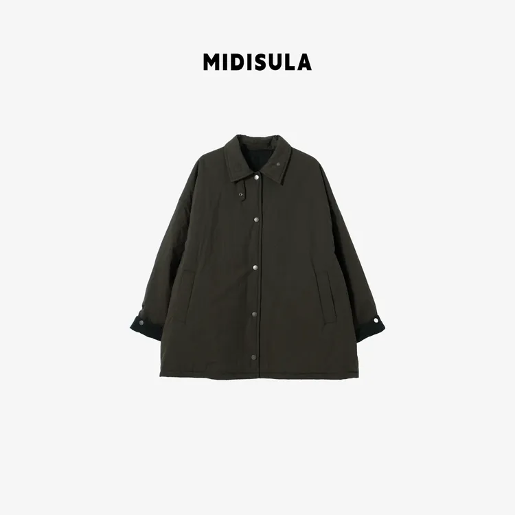 MDSL·美式复古拼色秋冬两面穿宽松显瘦翻领保暖中长款外套#02311