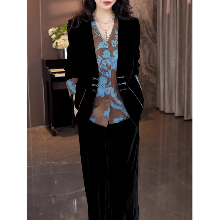 高级感时尚假两件套装女2025秋季新款轻奢洋气长袖拼接衬衫+长裤