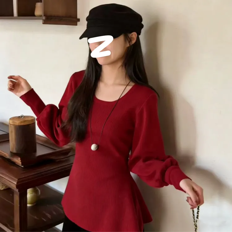 【配腰带】纯欲收腰显瘦U领灯笼袖针织衫女秋冬新款设计感百搭上衣