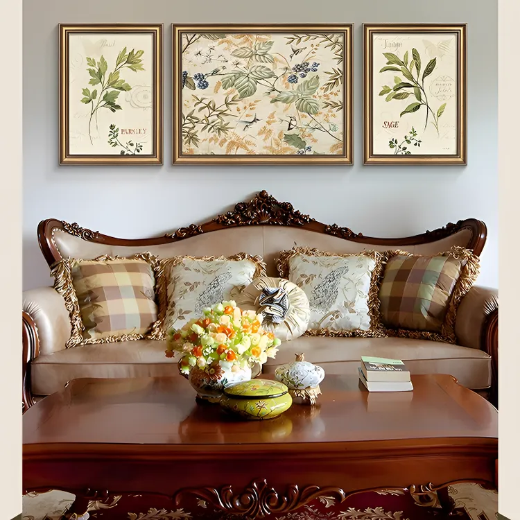 富贵花开美式客厅装饰画油画花卉沙发背景墙挂画三联画卧室过道