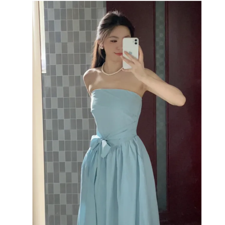 INS CEC无袖抹胸连衣裙温柔收腰显瘦气质纯欲性感长款a字裙