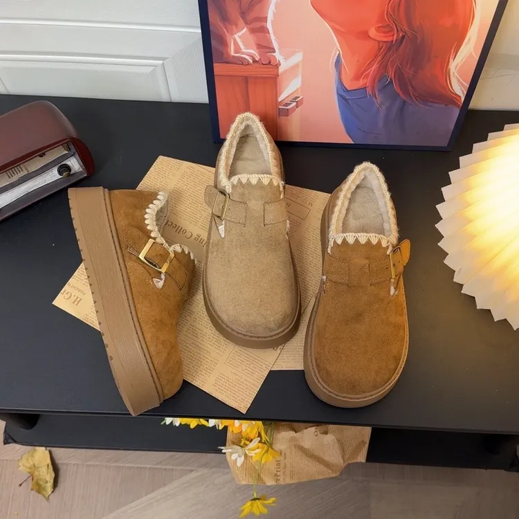 网红花边厚底加绒勃肯鞋女2025年冬季新款百搭一脚蹬棉鞋厚绒