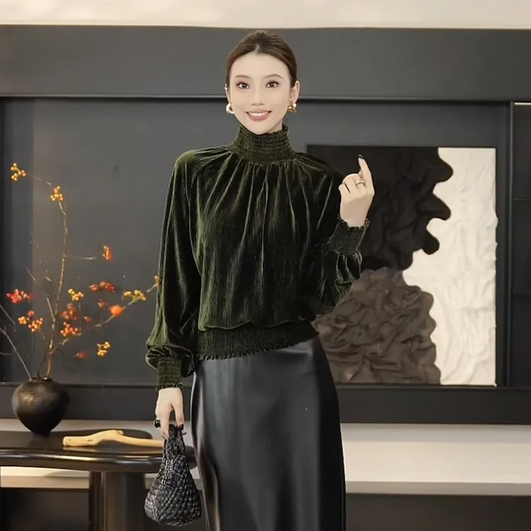 【京京】2025冬季丝绒新款复古宫廷风长袖多色褶皱上衣HBZX710203