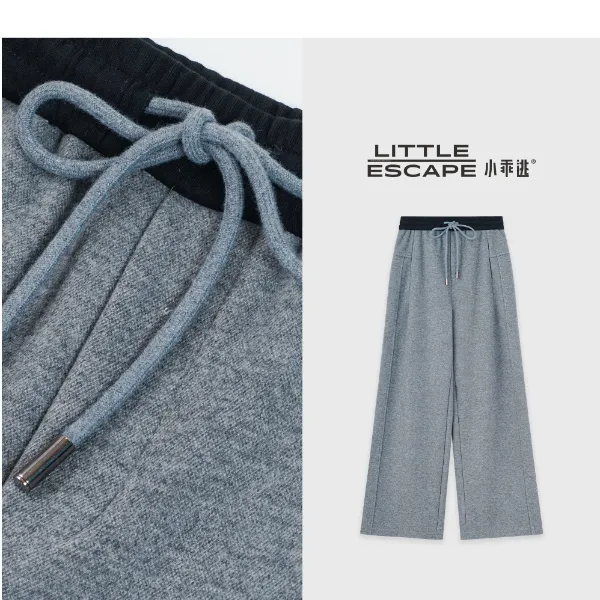 小乖逃休闲时尚灰色长裤黑色腰头松紧腰直筒羊丝毛长裤S25755