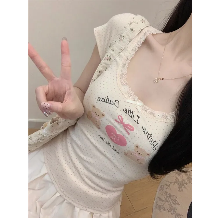 【帝韵】新款纯欲甜美蕾丝花边修身短袖T恤女夏季短款可爱印花上衣