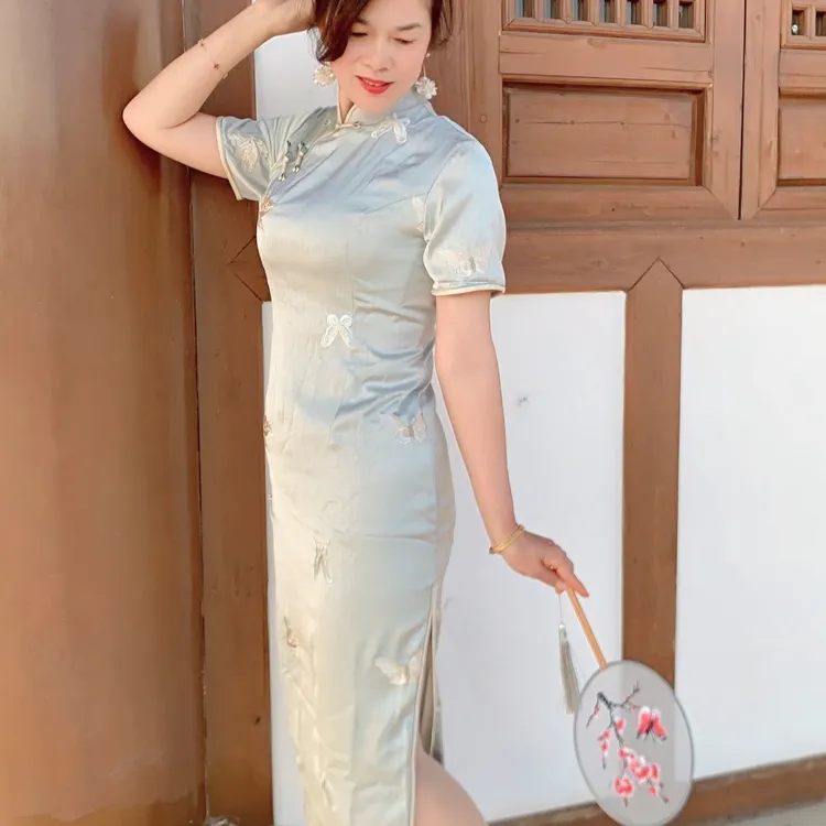 2025春夏季新款醋酸绣花旗袍连衣裙复古改良中国风旗袍年轻款