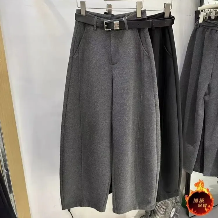 高级极简风秋冬新款加绒毛呢高腰弯刀直筒休闲裤女百搭西装阔腿裤