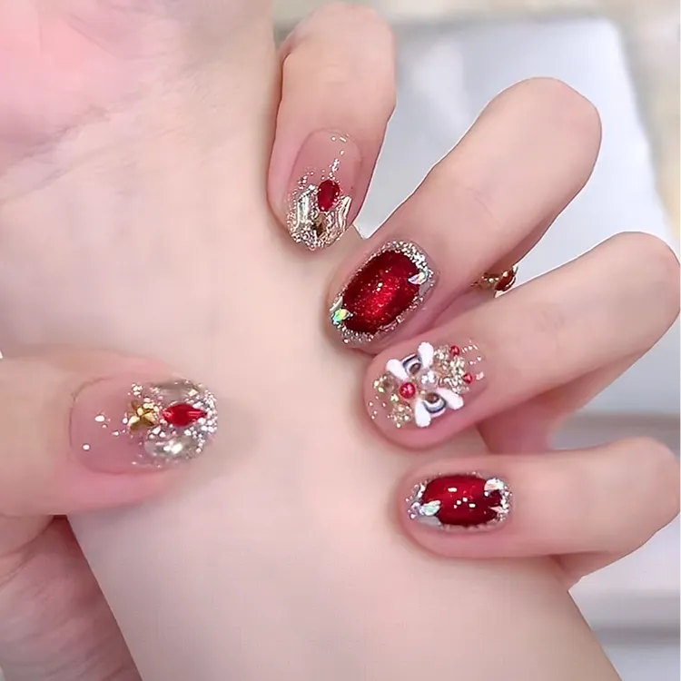 【红运醒狮】新年醒狮红色纯手工穿戴甲短款秋冬猫眼显白美甲穿戴甲