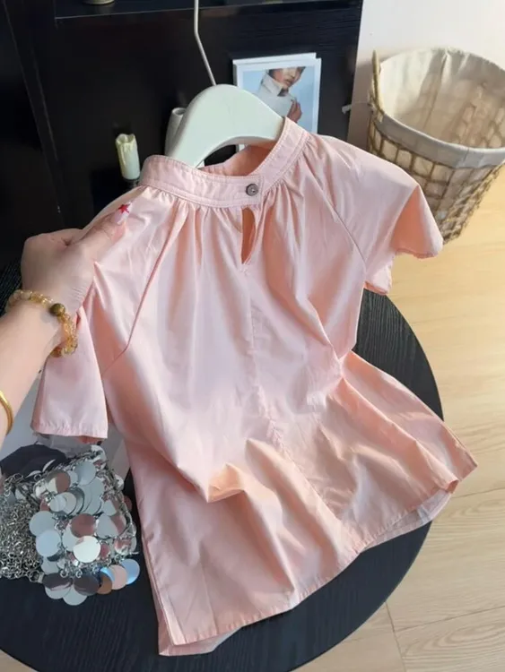 2025新款夏季薄款法式别致绝美高级感独特气质粉色短袖衬衫上衣女