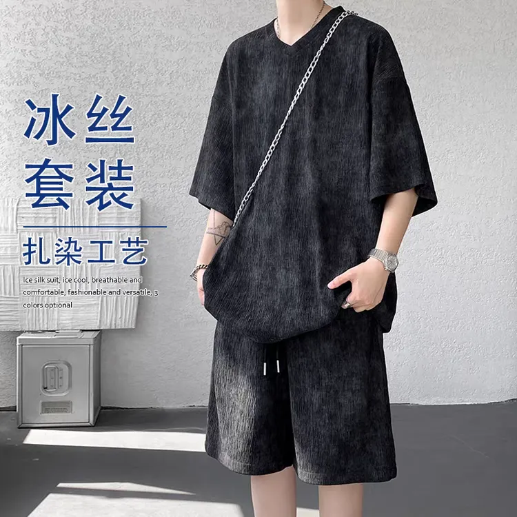 扎染冰丝运动套装男夏季潮牌宽松休闲男士短袖短裤酷帅穿搭两件套