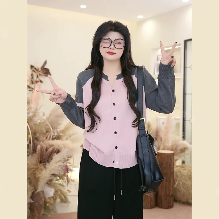 梦丞-大码女装V领条纹小狗刺绣早秋减龄宽松显瘦长袖针织衫上衣