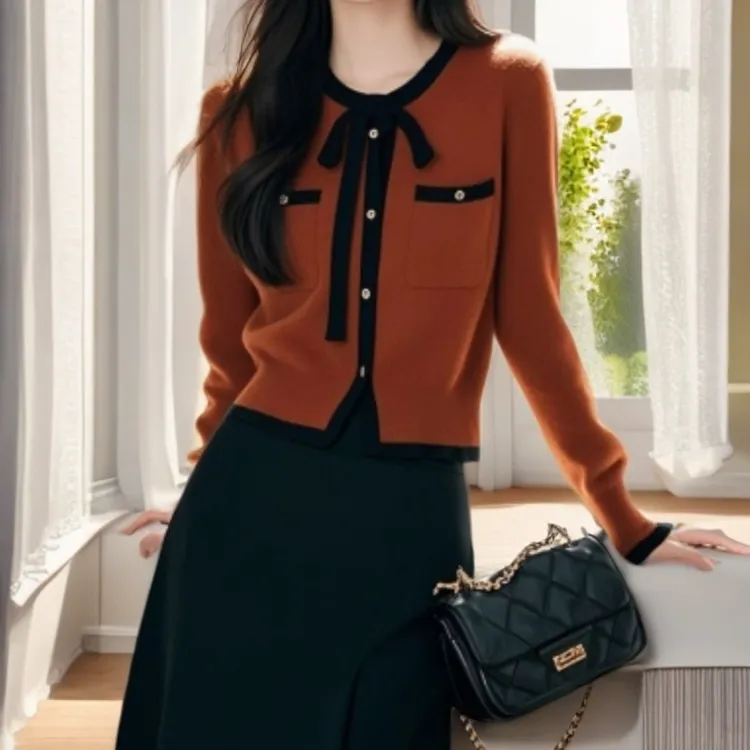 [工厂直销套装]春秋气质小香风蝴蝶结针织衫高腰半身裙X150+Q179