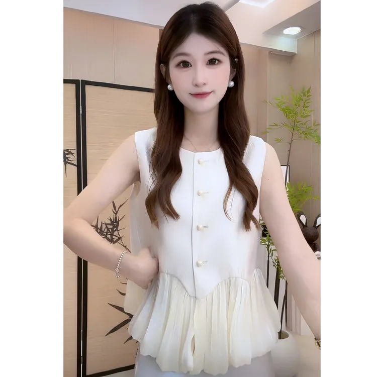 【次日发+运费险】法式珠光网纱拼接无袖上衣女2025新款小香显瘦