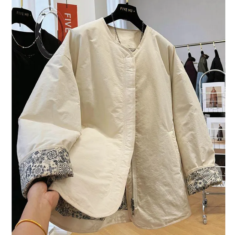 高级感复古别致独特超好看圆领棉服女秋冬慵懒松弛感休闲棉衣外套
