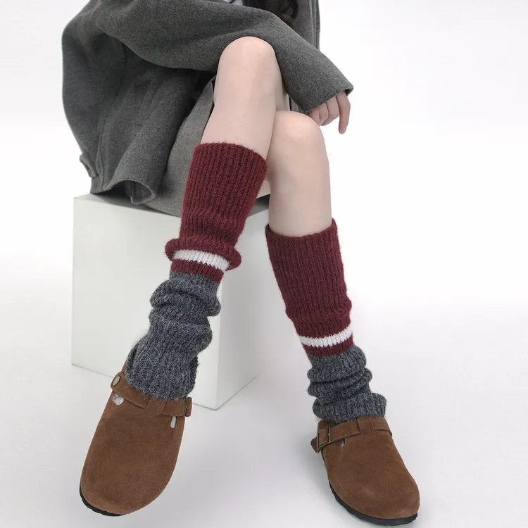 SS2L秋冬夹心撞色针织拼接格雷系美拉德色系加厚保暖长筒堆堆袜套