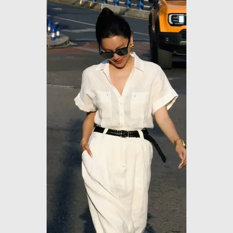 夏季上流社会女神范气质名媛高级感大方得体白色亚麻衬衫连衣裙子