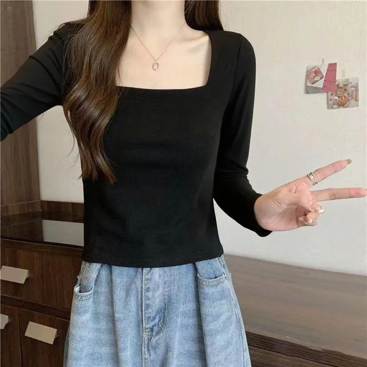 小众正肩法式方领长袖白色T恤女早秋辣妹内搭高腰修身显瘦上衣