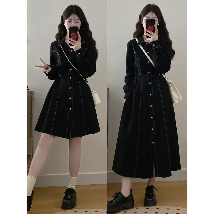 1890#大码胖mm新款排扣收腰牛仔连衣裙