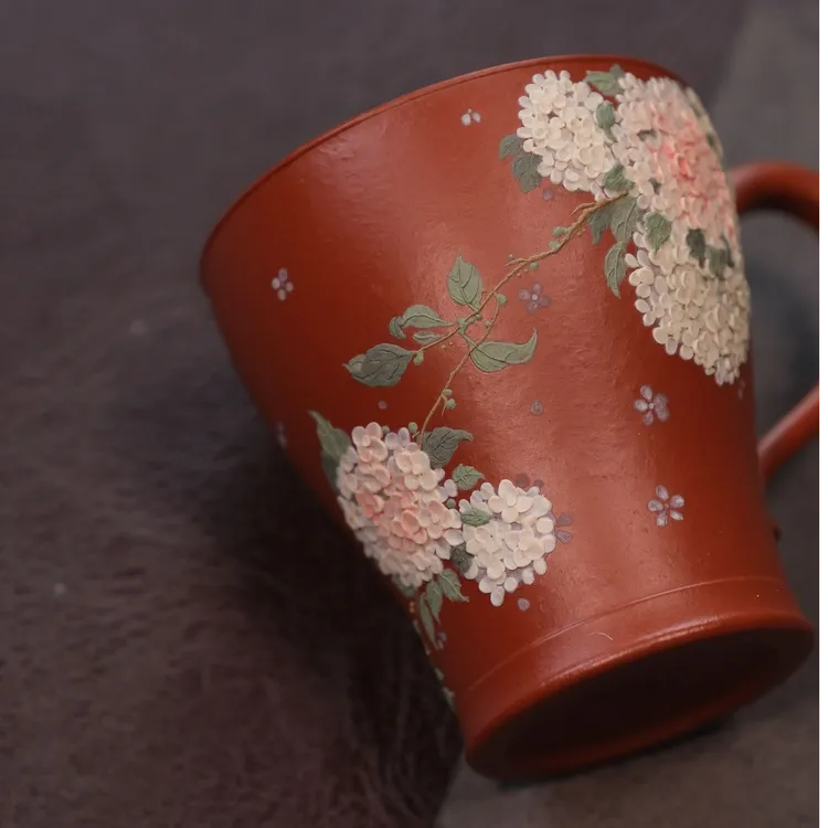 静心【花卉】朱泥把手杯 绣球花 120cc 主人杯精品高端实用