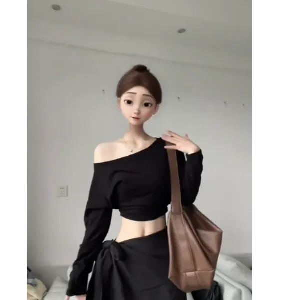 御姐轻熟风套装女春夏新款设计感长袖一字肩上衣女显瘦半裙两件套