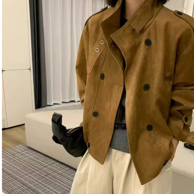 欧货立领鹿皮绒外套女秋2025新款高级感时尚宽松显瘦休闲夹克上衣