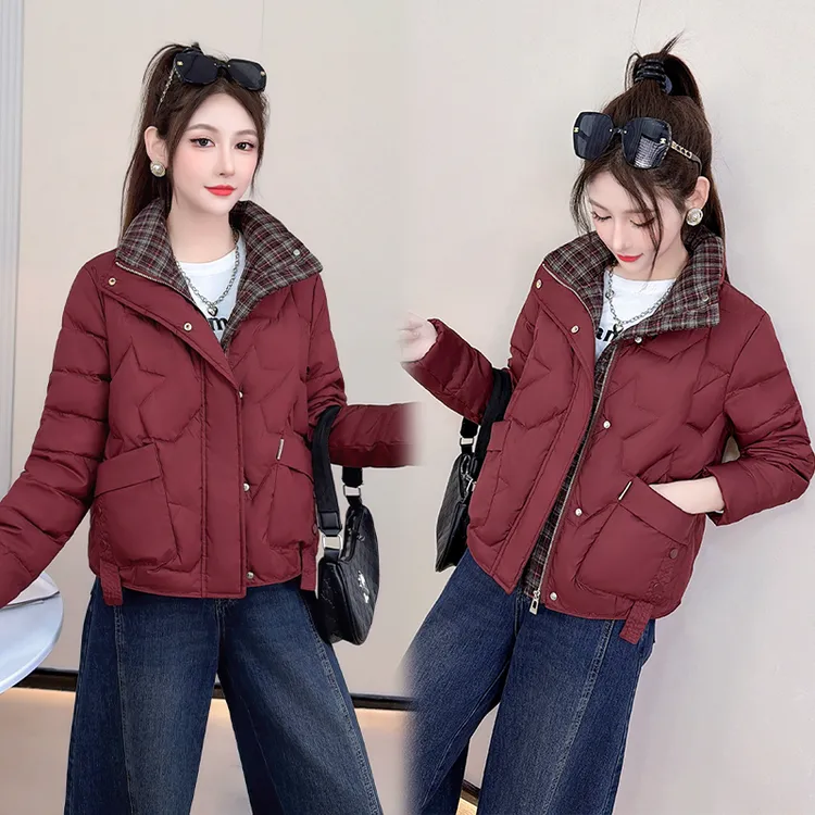 格纹拼接保暖棉服女2025冬季新款设计感显瘦减龄短款立领外套