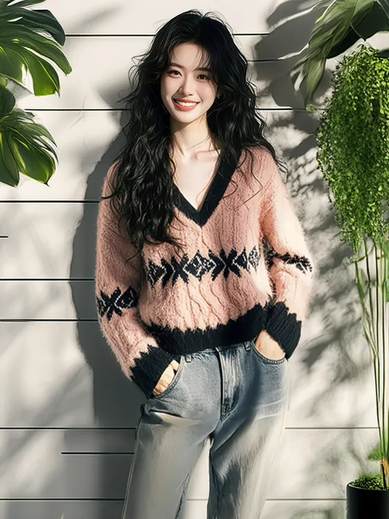 法式v领拼色长袖针织衫女秋冬宽松慵懒风设计感小众软糯毛衣上衣