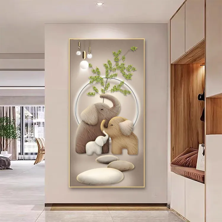 现代简约入户玄关装饰画奶油风大象走廊过道挂画绿植竖版进门壁画
