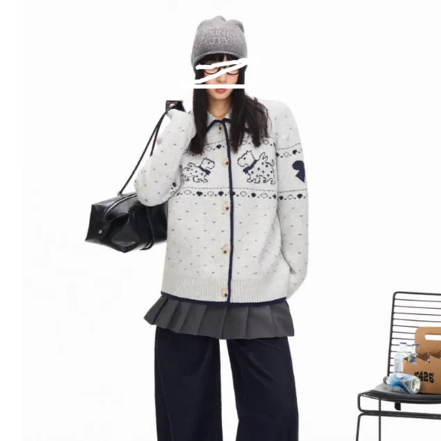 国潮牌秋季新款休闲百搭费尔岛花纱小狗提花毛衣